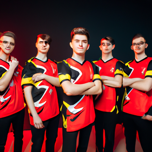 A group of professional E-Sports players in team jerseys posing for a photo